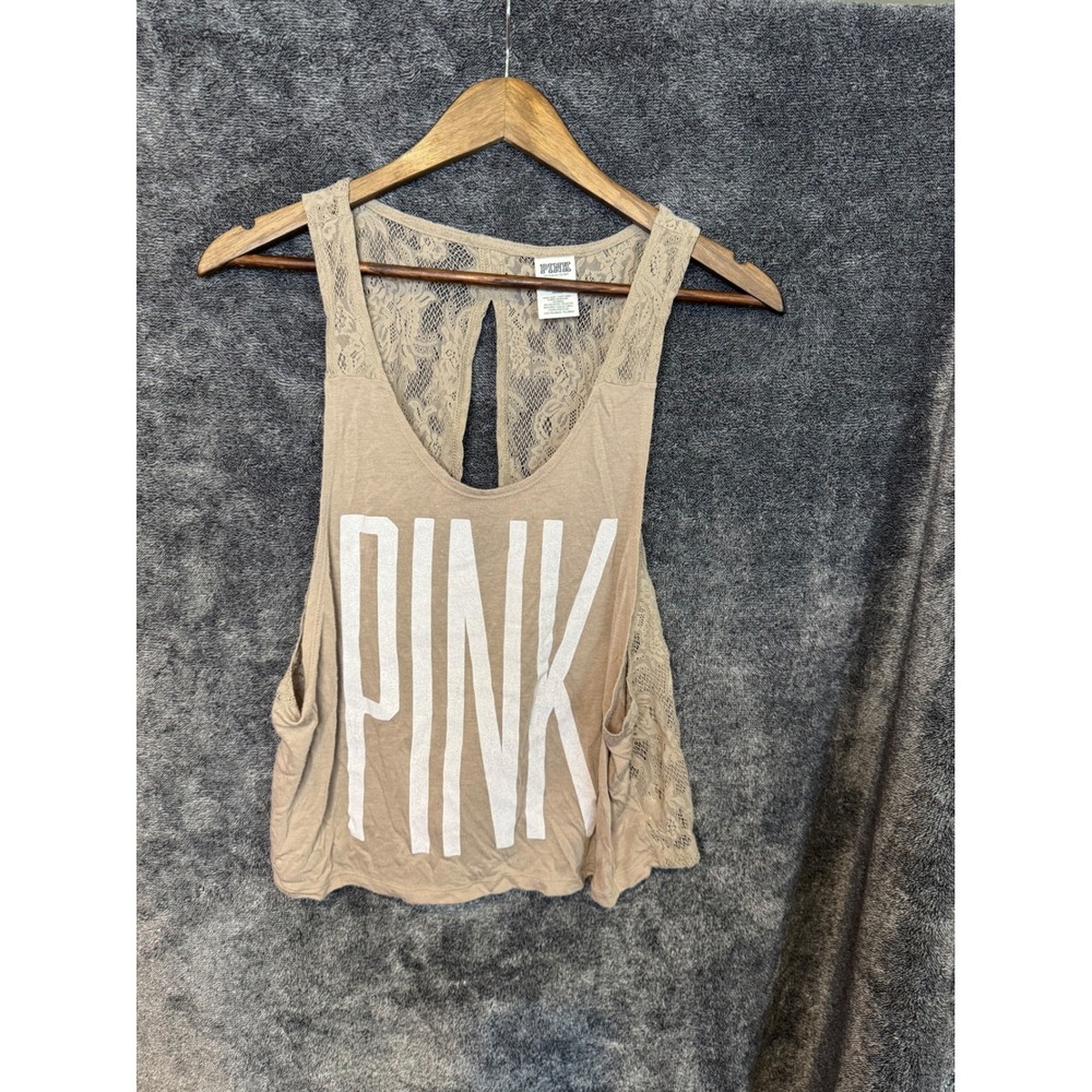 Victorias Secret PINK LaceBack TankTop Tan Graphic Logo Keyhole Racerback Medium